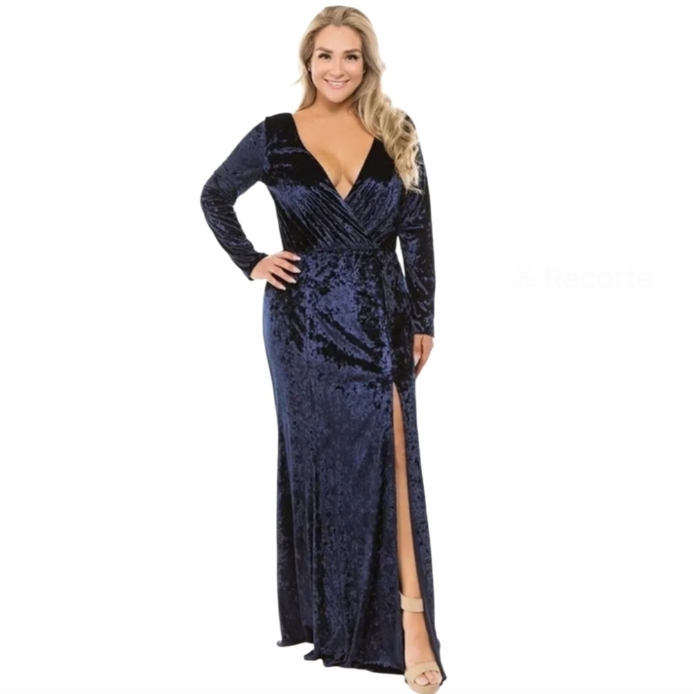 Maniju Velvet Women's V neckline Maxi Dress Blue Navy Size M